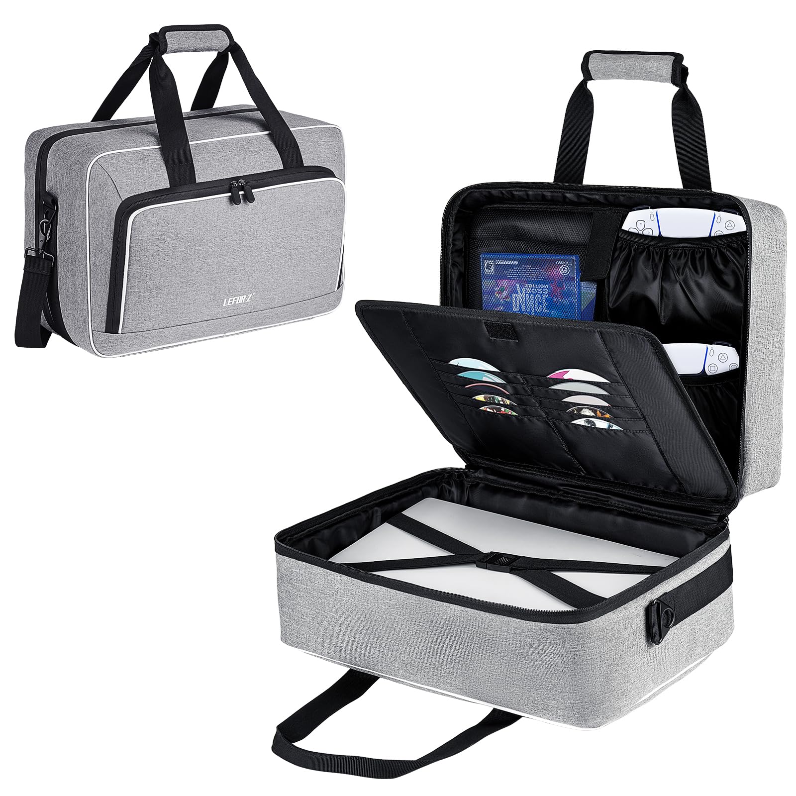 LEFOR·Z PS5 Carrying Case - 17 Pocket Travel Storage Bag, Grey, 17 x 12 x 12 inches, Thick Padding for PS5/PS4 Accessories
