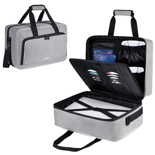 LEFOR·Z PS5 Carrying Case - 17 Pocket Travel Storage Bag, Grey, 17 x 12 x 12 inches, Thick Padding for PS5/PS4 Accessories