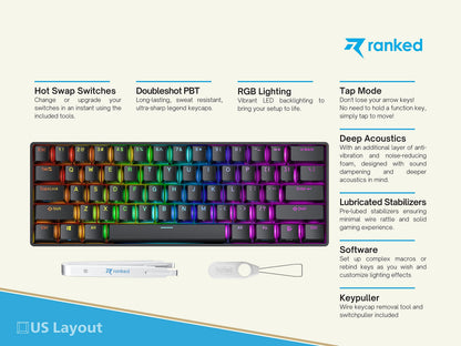 Ranked Supernova 60% Hot Swappable Mechanical Gaming Keyboard | 61 Keys RGB LED Backlit | Black | Gateron Optical Black