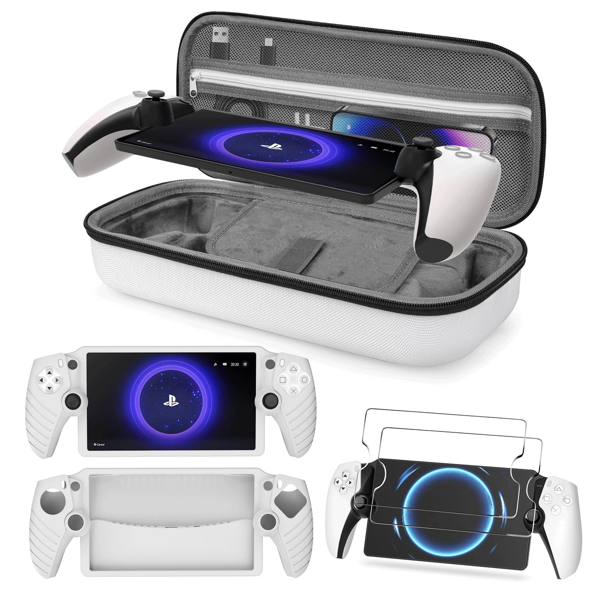 Foluck 3 in 1 Accessoris Set Compatible with Playstation Portal  EVA Carrying Case for PS5 Portal  Soft Silicone Protective Cover  2 Pack Screen Protector  Ps Portal Accessories  White
