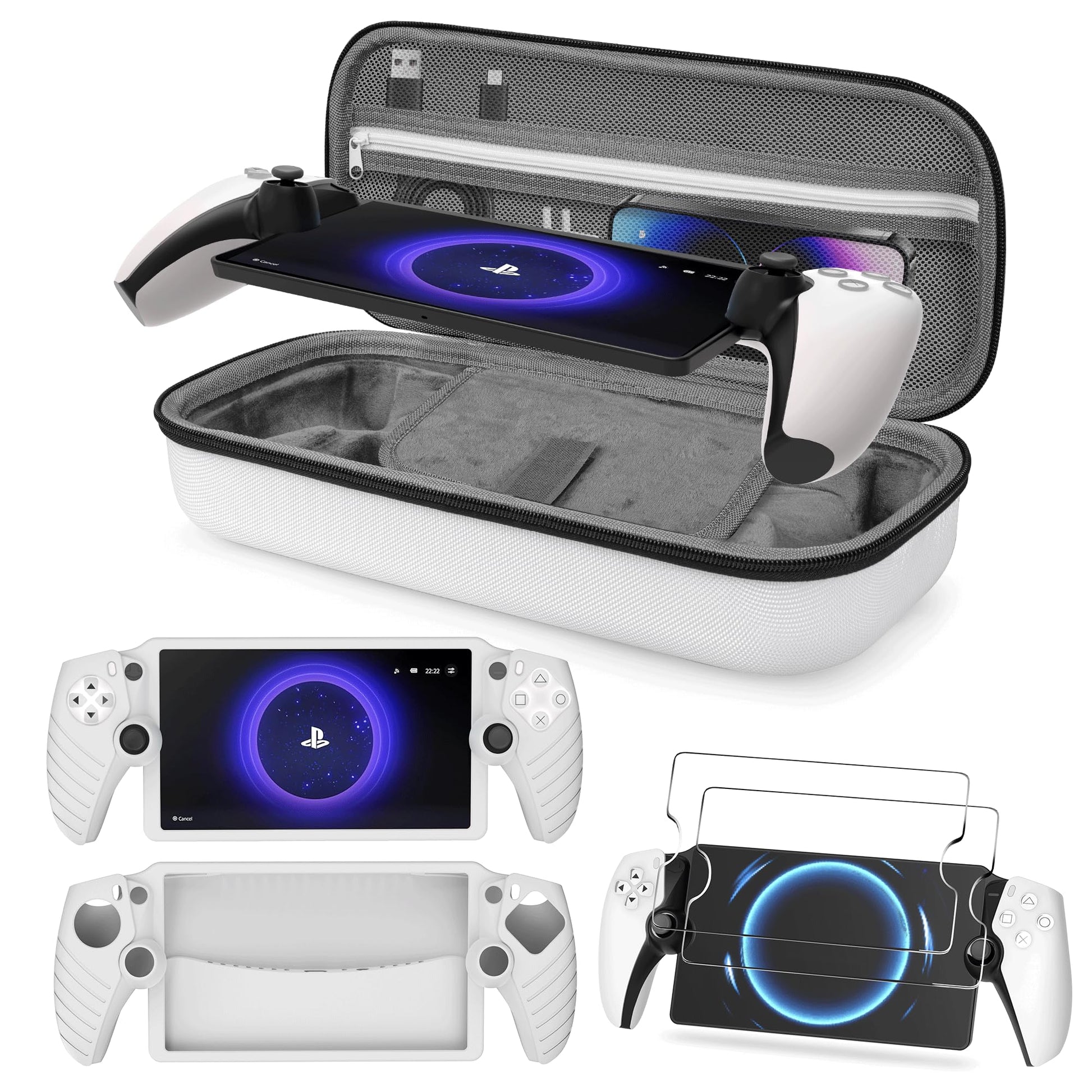 Foluck 3 in 1 Accessoris Set Compatible with Playstation Portal  EVA Carrying Case for PS5 Portal  Soft Silicone Protective Cover  2 Pack Screen Protector  Ps Portal Accessories  White