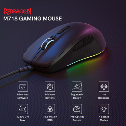 Redragon Wired Gaming Mouse M718-AIR - 12800 DPI, RGB Backlit, 7 Programmable Buttons, Cool Corded Optical Design for PC/Laptop/Gamer