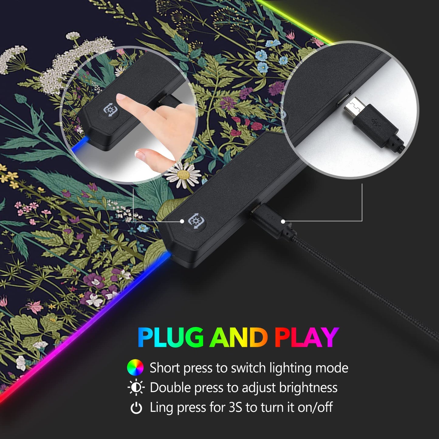 AIMSA RGB Gaming Mouse Pad - Large 35.4x15.8 inch Rubber Base with 14 Lighting Modes, Waterproof, Flowers Plants Design