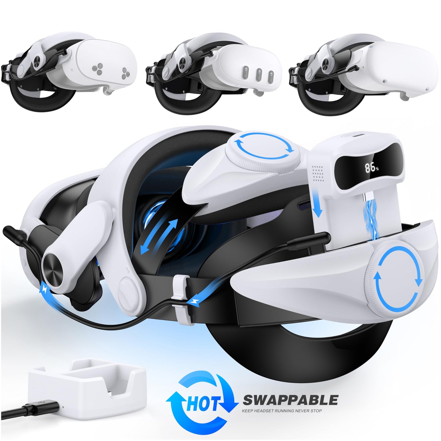 DXKK VR Head Strap for Meta Quest 3/3S/2, Adjustable with Battery & Charger Dock, Enhanced Comfort, White