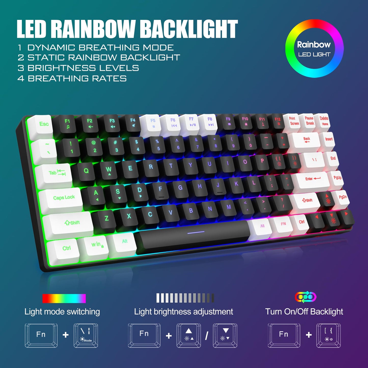 RedThunder K84 Wireless Gaming Keyboard & Mouse Combo, 75% TKL, Rainbow Backlit, Rechargeable, Black-White