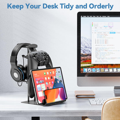KDD Headphone Stand & Controller Holder, Black-New, Aluminum Support, Model KDD-713, Universal Organizer for Headphones & Mobile Devices