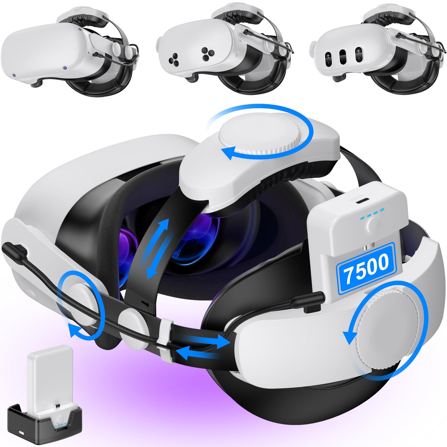 Kawaye Head Strap with 15000mAh (7500 x 2) Hot-Swap Battery Packs for Meta Quest 3S/Quest 2/Quest 3 Head Strap  Double Knobs Adjustable Elite Strap Replacement VR Headset Accessories Strap