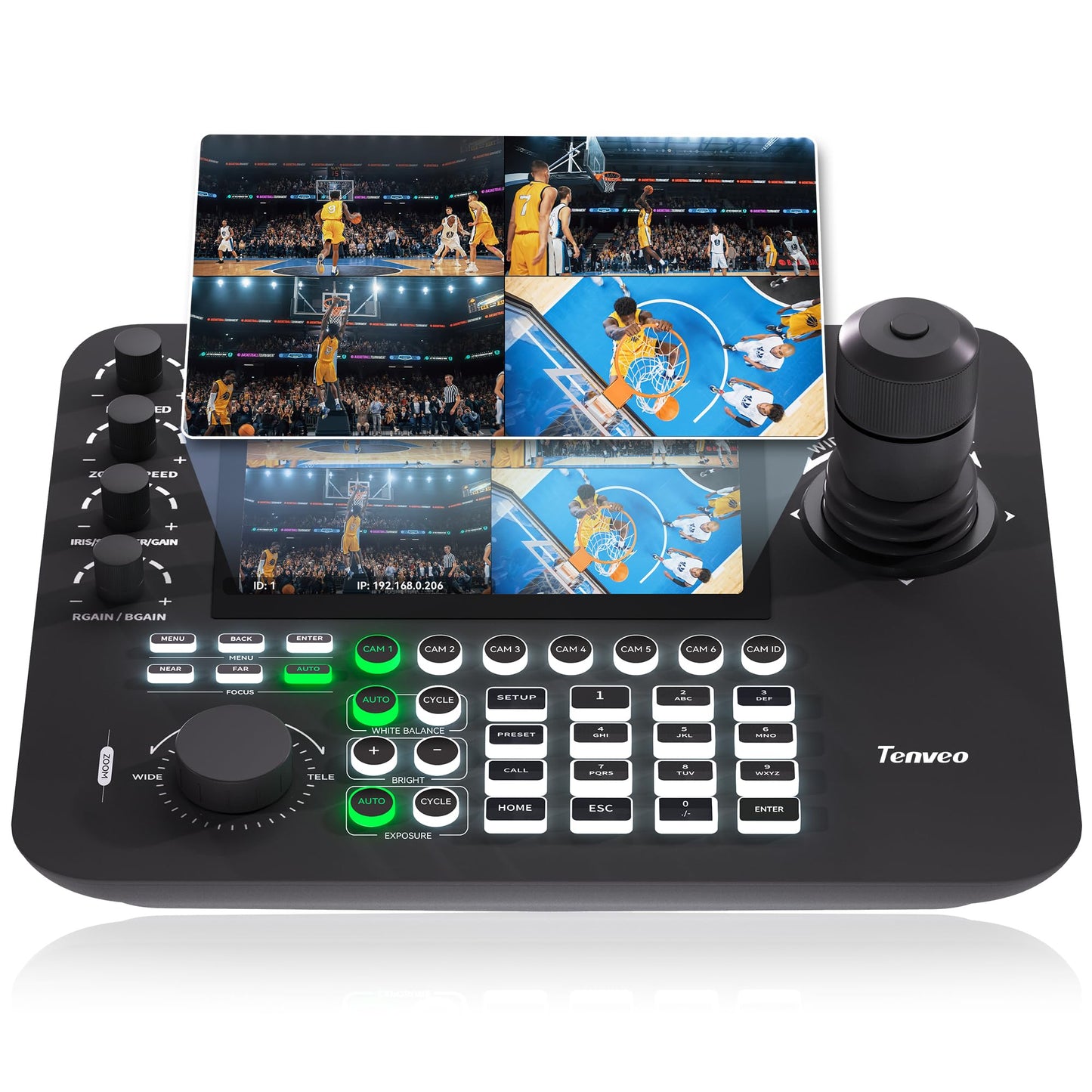 Tenveo NDI PTZ Camera Joystick Controller  7 LCD Quad-Screen Real-time Preview  4D Joystick Controller  NDI License Included  Support NDI PoE VISCA Pelco-D/P For Church Worship Live Event Streaming