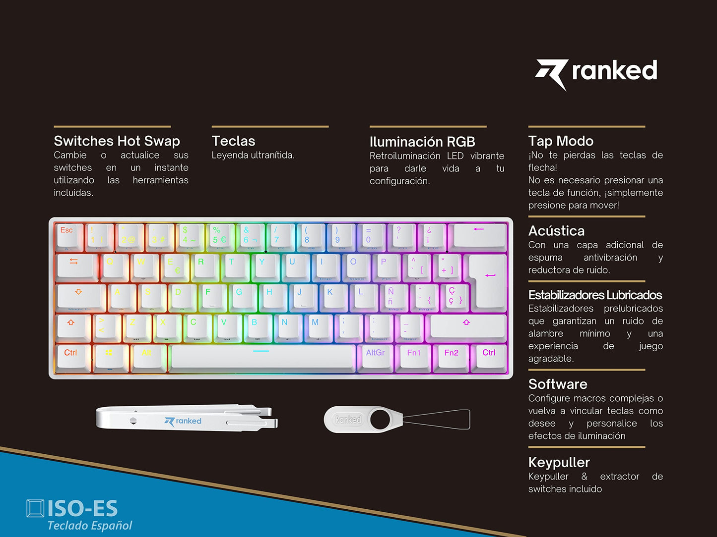 Ranked Supernova 60% Mechanical Gaming Keyboard - Hot Swappable, 62 Keys, RGB LED, ISO ES Spanish Layout, White, Gateron Optical Brown
