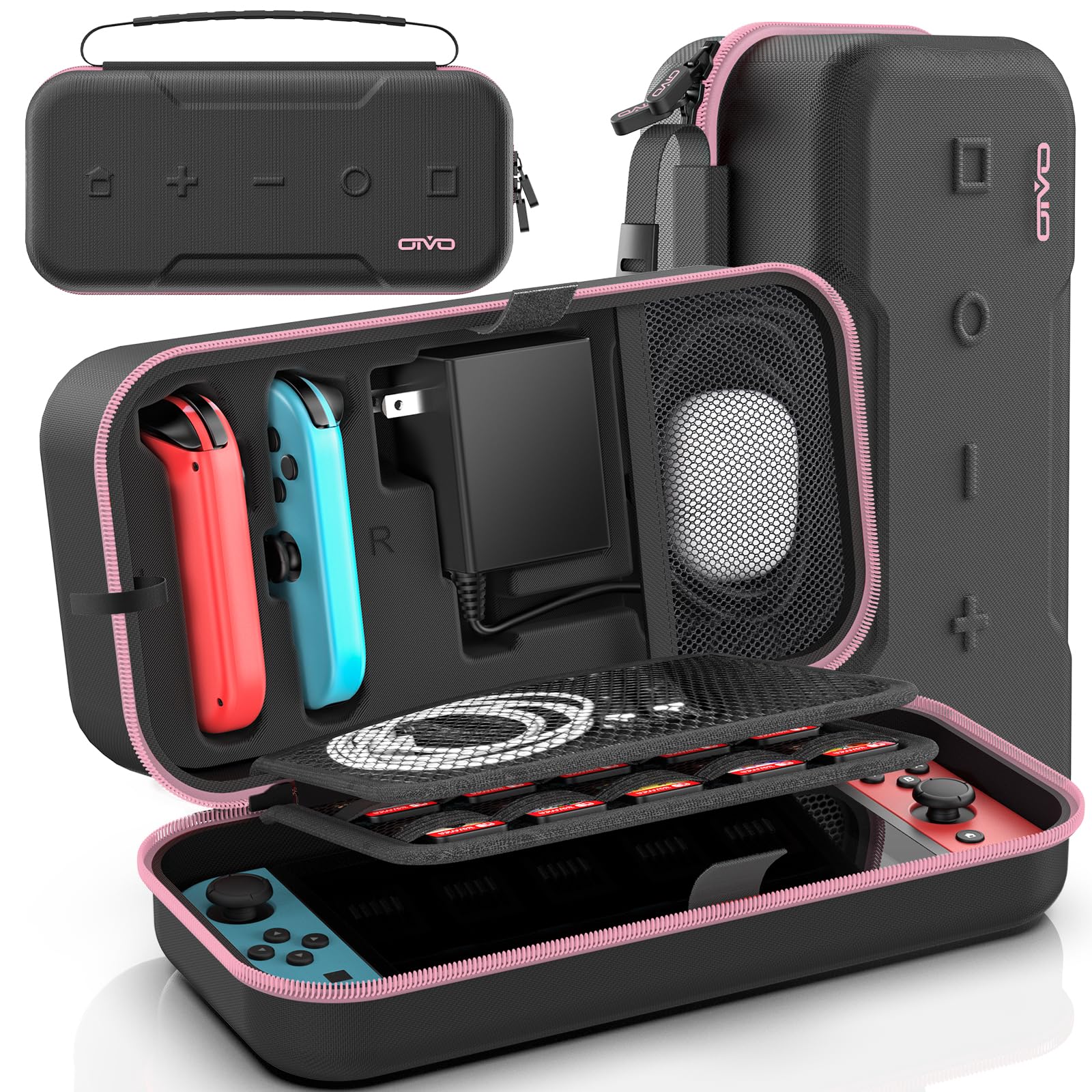 Switch OLED Carrying Case Compatible with Nintendo Switch & OLED  Portable Switch Travel Carry Case Fit for Joy-Con and Adapter  Hard Shell Protective Switch Pouch Bag with 20 Games  Pink