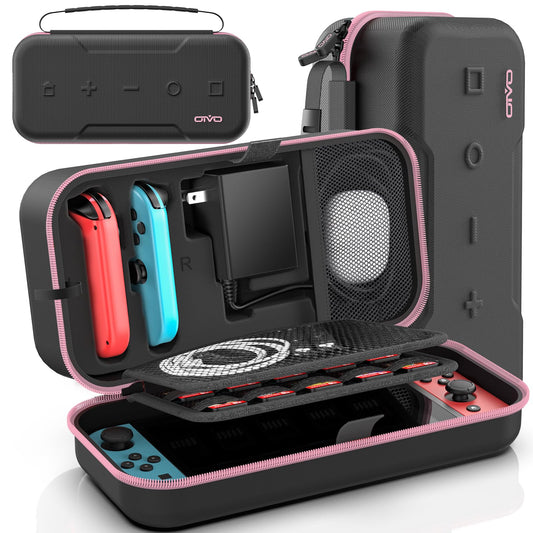 Switch OLED Carrying Case Compatible with Nintendo Switch & OLED  Portable Switch Travel Carry Case Fit for Joy-Con and Adapter  Hard Shell Protective Switch Pouch Bag with 20 Games  Pink