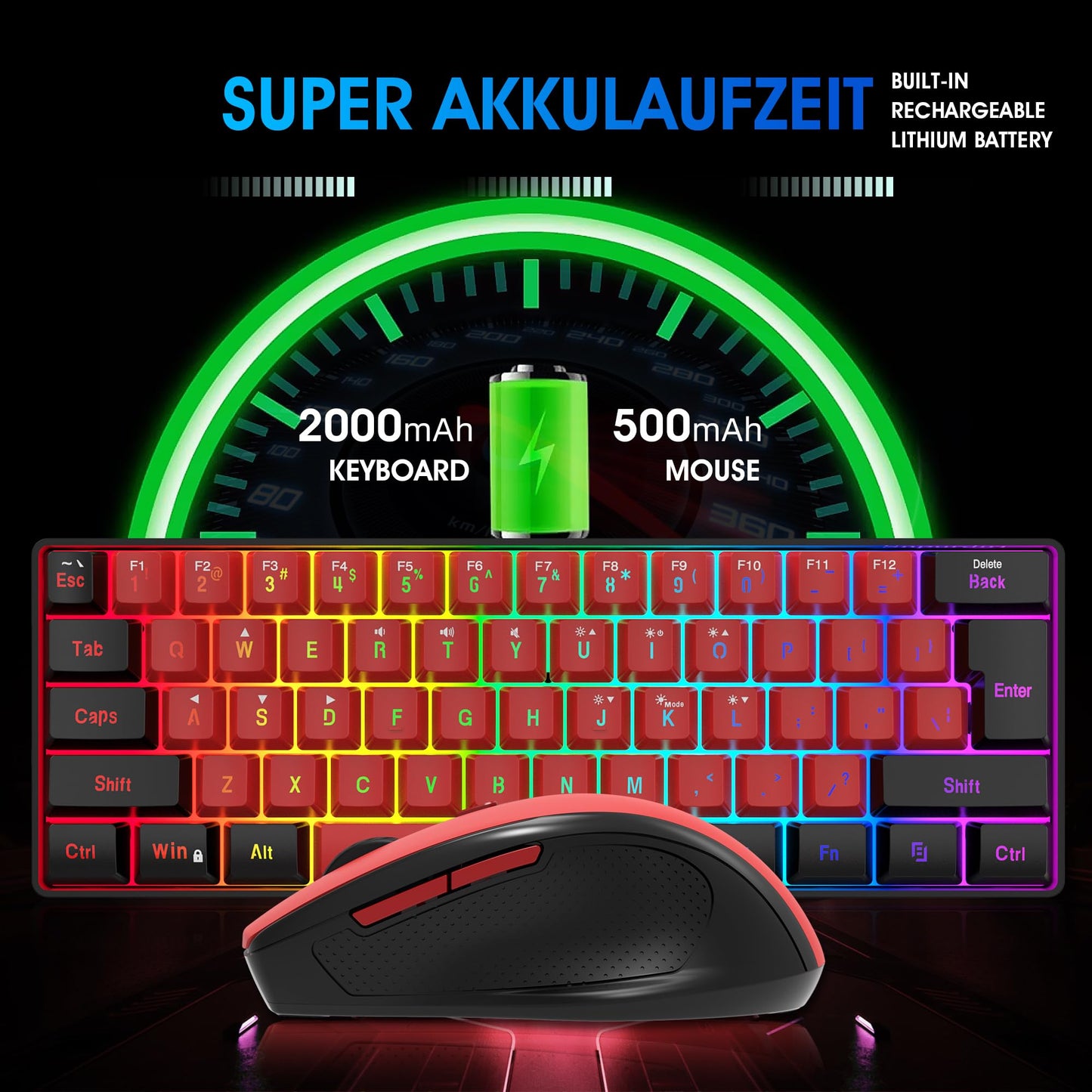 Snpurdiri Wireless Gaming Keyboard & Mouse Combo, 60% Size, Ergonomic Vertical Mouse, Black Red Combo