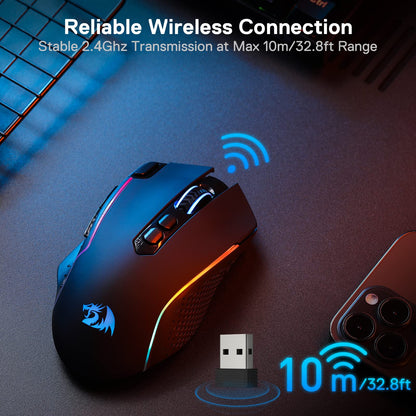 Redragon M810 Pro Wireless Gaming Mouse - 10000 DPI, RGB Backlit, 8 Macro Buttons, Black