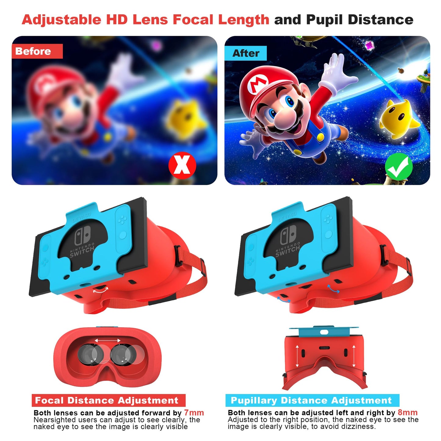 TIMETOP VR Headset for Nintendo Switch OLED - Adjustable HD Lenses, Red, Comfortable Head Strap, 3D Goggles for Kids