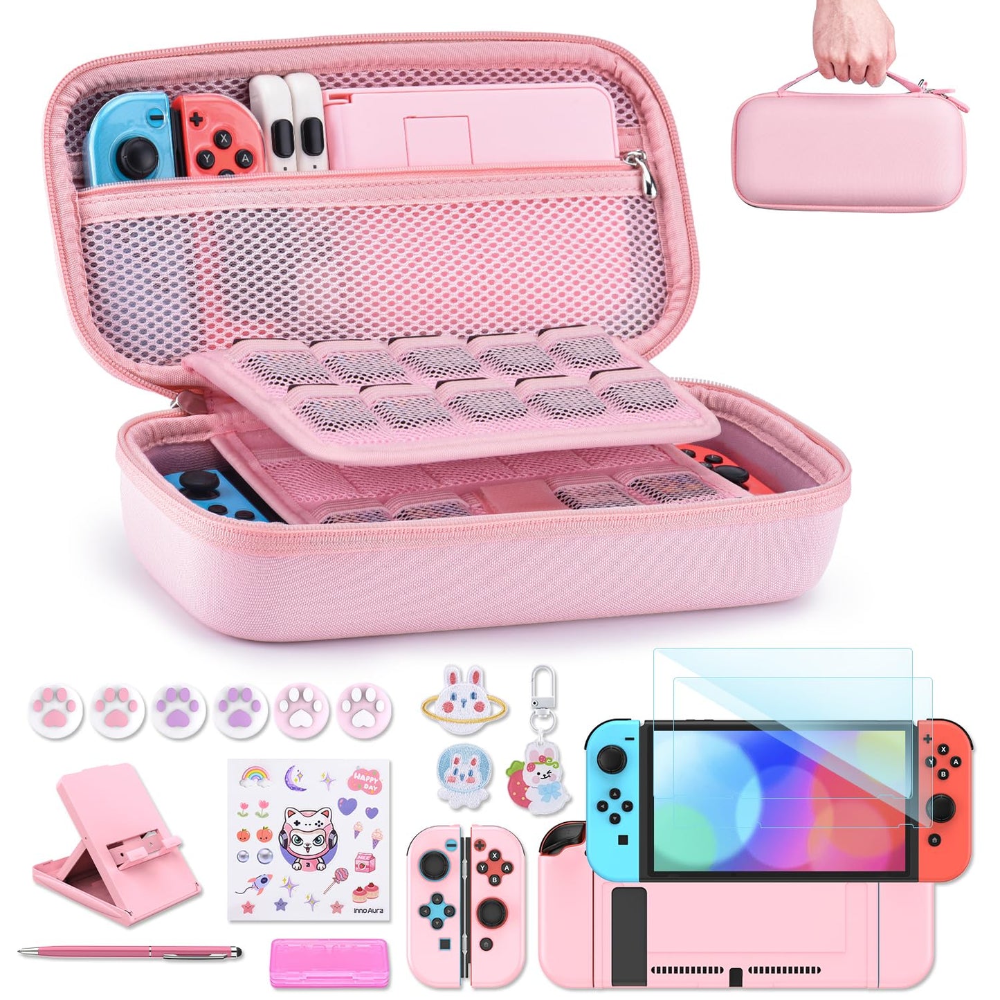 innoAura Switch Case 19-in-1 Bundle for NS Switch (2017)  with Carrying Case  Game Organizer  Screen Protector  Stand and Thumb Grips  Pink