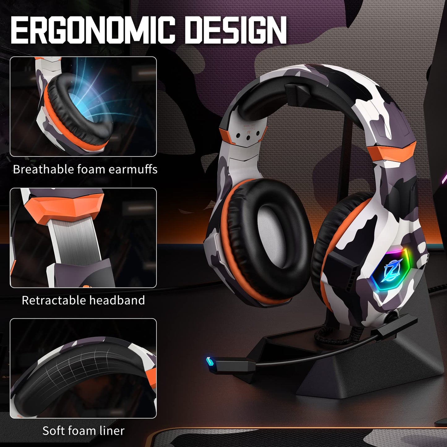 Ozeino Gaming Headset - 7.1 Surround Sound, Noise Cancelling Mic, RGB Light, Over Ear, Camo, Model ZW1 for PC, PS4, PS5,