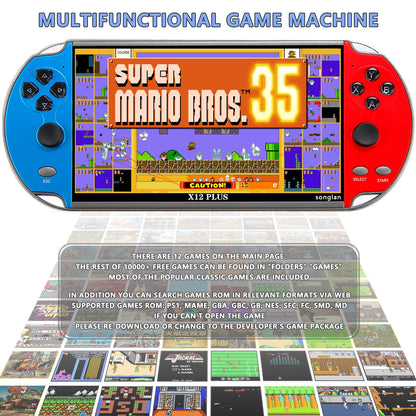 FAITDER X12 Plus 7-Inch HD Handheld MP5 - 10000+ Games, Dual Joystick, Blue & Red
