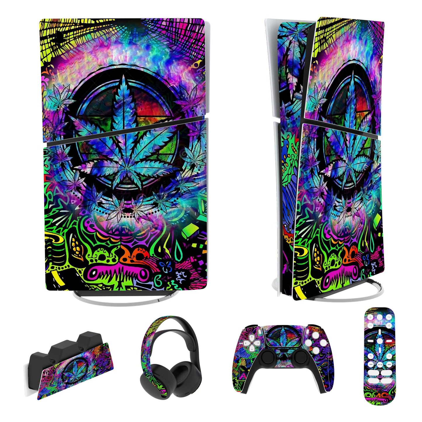 PlayVital Full Set Skin Sticker for ps5 Slim Console Digital Edition (The New Smaller Design)  Vinyl Skin Decal Cover for ps5 Controller & Headset & Charging Station & Media Remote - Psychedelic Leaf