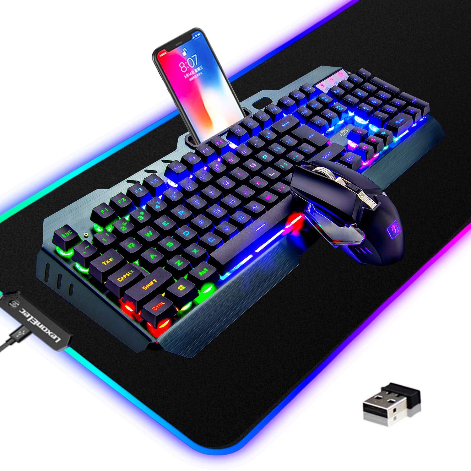 LexonElec Wireless Gaming Keyboard and Mouse Combo - 3 in 1 with Rainbow Backlit, Rechargeable, Metal Panel, RGB Mouse Pad, Mute Gaming Mouse