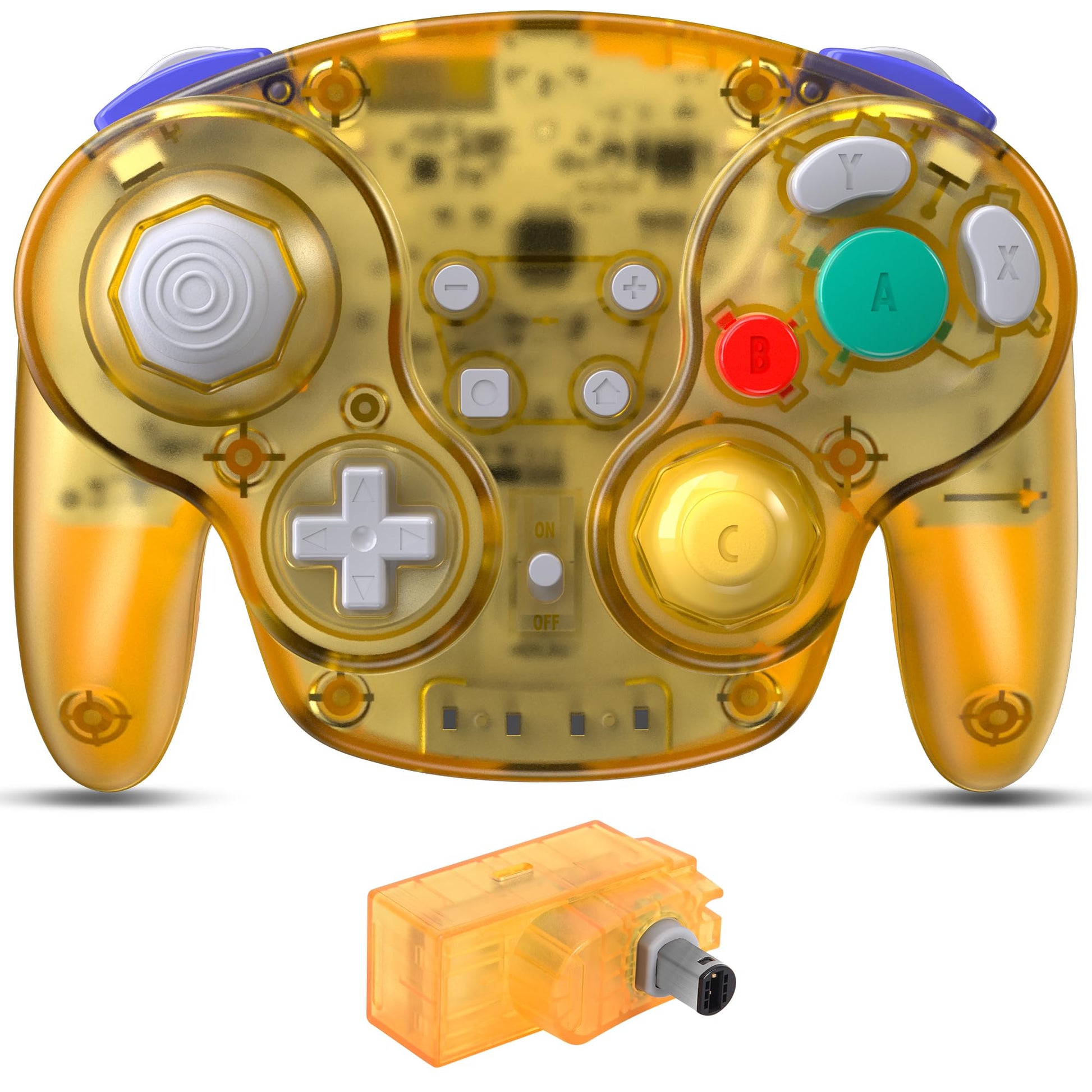 2.4 GHz Wireless GameCube Controller  for NGC GameCube Console (Built-in Rumble) (Analog Stick) (Analog Triggers) (Rechargeable) (Plug and Play) Clear Yellow