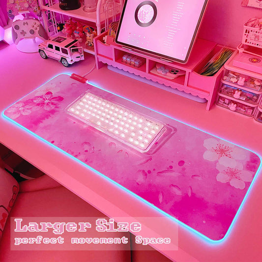 JMIYAV RGB Cherry Blossom Gaming Mouse Pad, 31.5x12 Inch, Pink, XL Large, Non-Slip Rubber Base, Glowing LED Light Up
