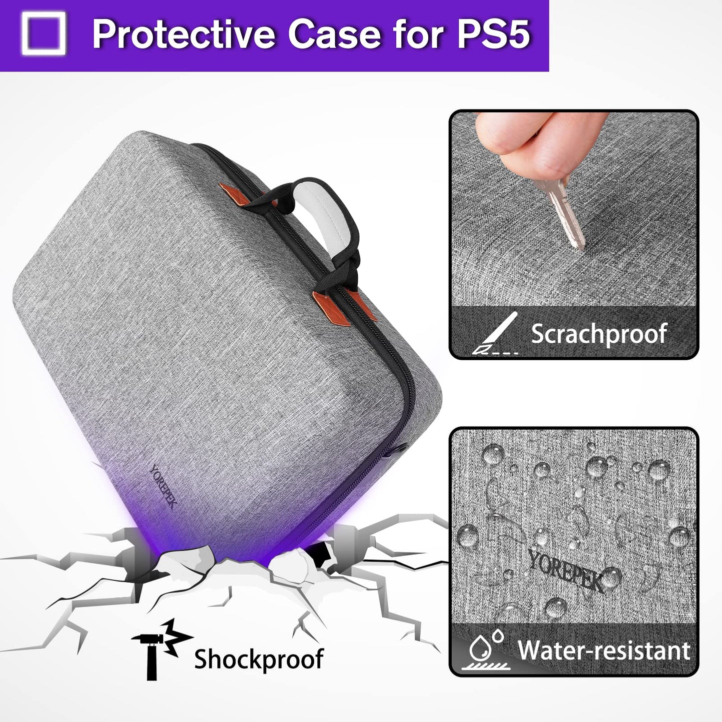 YOREPEK Hard Shell Carrying Case for PS5 & PS5 Pro - Travel Protective Bag, Grey