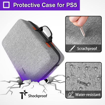 YOREPEK Hard Shell Carrying Case for PS5 & PS5 Pro - Travel Protective Bag, Grey