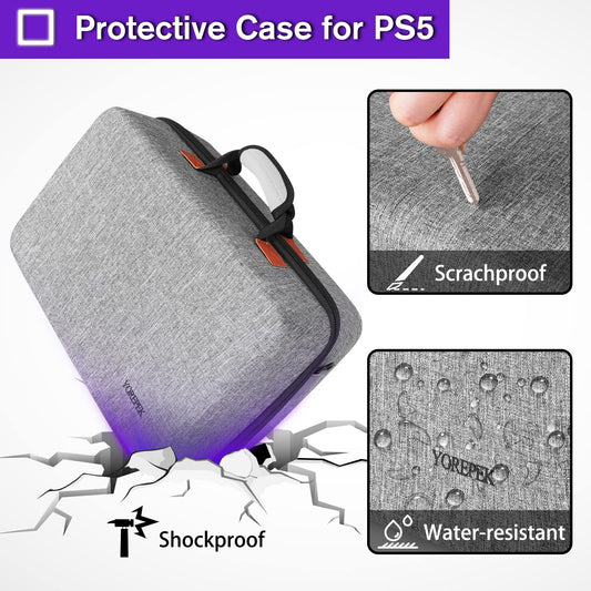 YOREPEK Hard Shell Carrying Case for PS5 & PS5 Pro - Travel Protective Bag, Grey