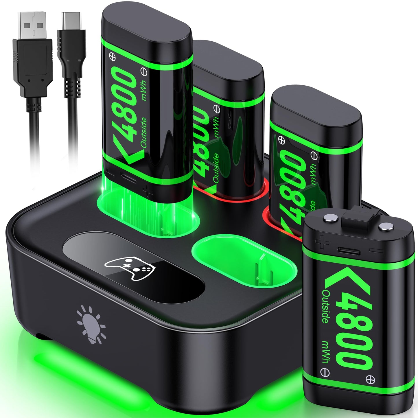 Upgraded Fast Charging Rechargeable Battery Packs with Light Control  4 x 4800mWh Xbox Controller Batteries with Charger Dock/Station for Xbox Series X|S  One S/X/Elite Controllers  Console Accessory