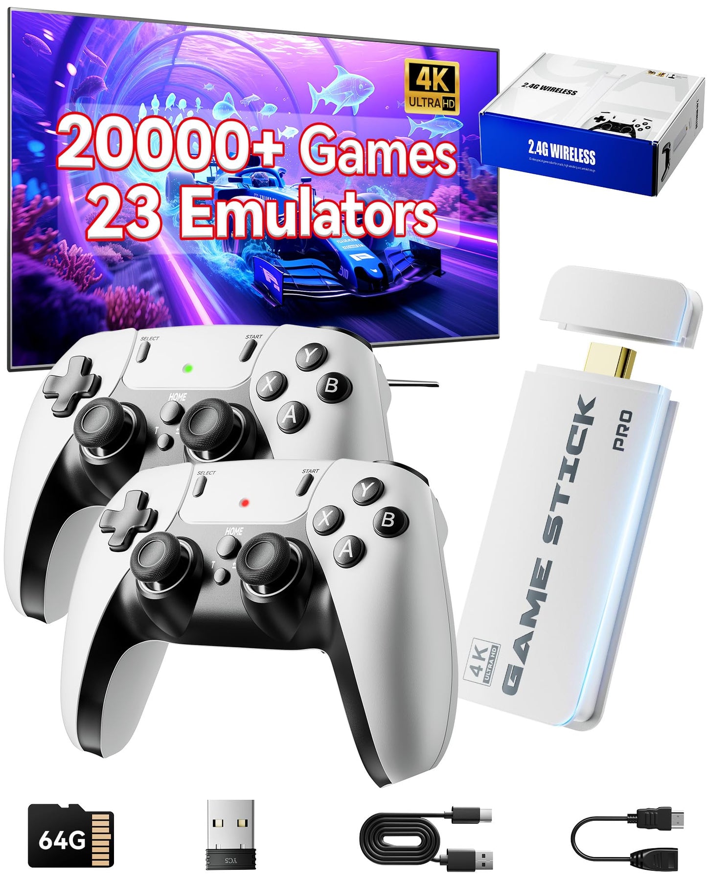 RMOKA Retro Gaming Console HQM15B, 20,000+ Built-in Games, 4K HD, 2 Wireless Controllers, White