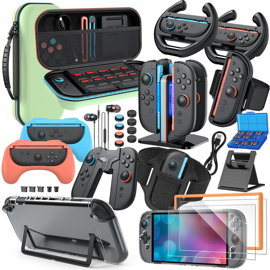 Switch 2 Accessories Bundle  30-in-1 Kit for Nintendo Switch 2: Carrying Case  Controller Charger Dock  Grips for JoyCon  Steering Wheels  Wrist Band  Leg Strap  Protective Cover for Switch 2 Console  Green (30Pcs)
