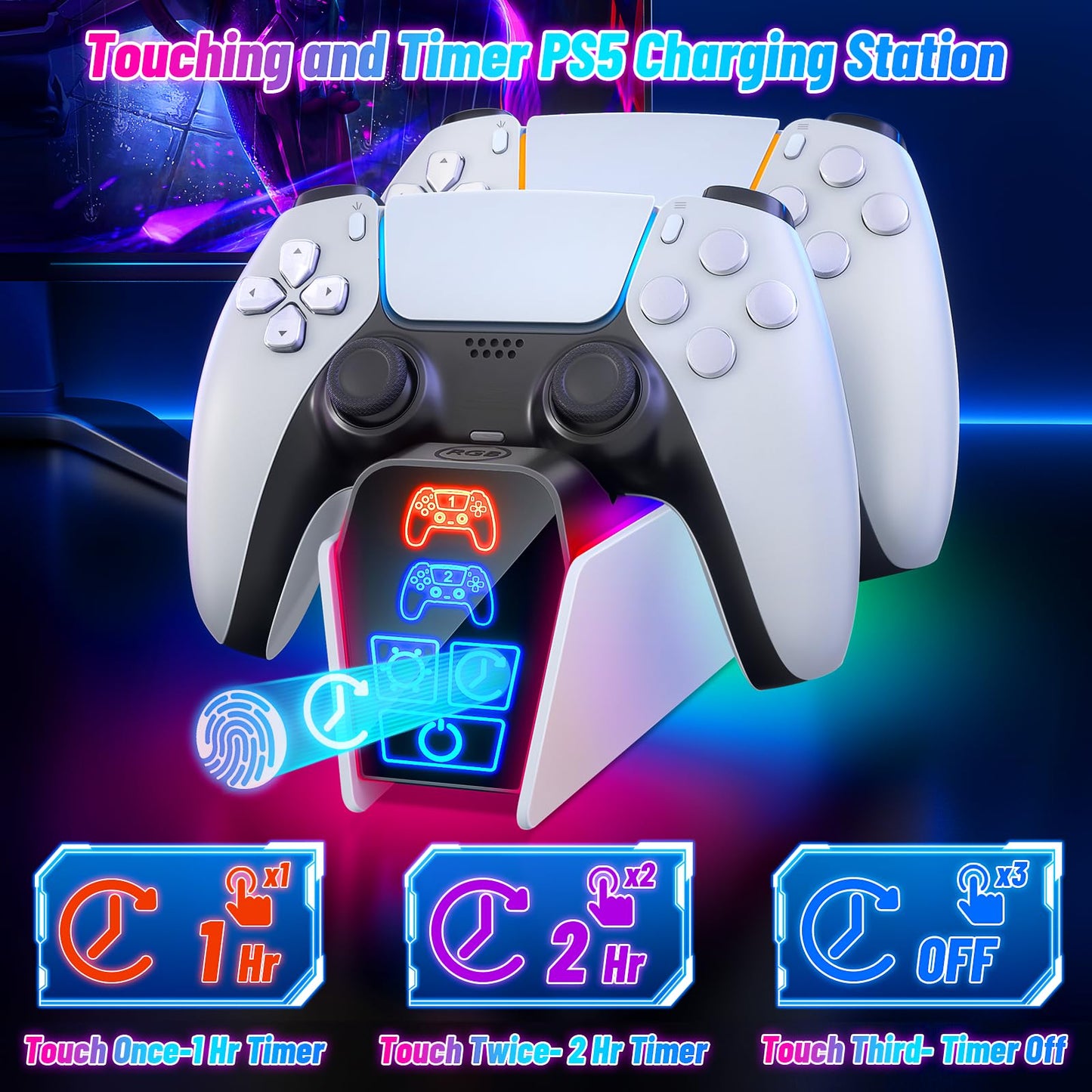 Fenolical PS5 Controller Charger Station for Dualsense & Edge - White, Small, Model HW-P9001, with Timer Function for PlayStation 5