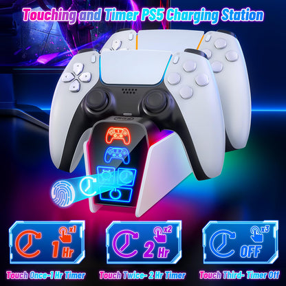 Fenolical PS5 Controller Charger Station for Dualsense & Edge - White, Small, Model HW-P9001, with Timer Function for PlayStation 5
