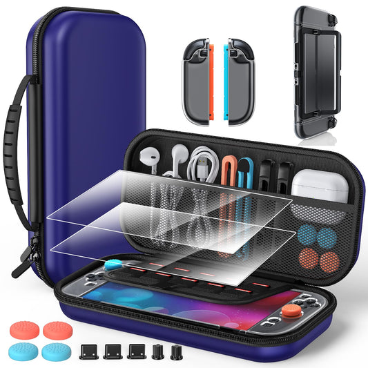 Accessories for Nintendo Switch 2 2025  Portable Hard Shell Carrying Case with 2 HD Screen Protectors (7.9 Inch)  TPU Protective Skin  Dust Plugs Kit  4 Thumb Grips - Switch 2 Accessories Bundle (Switch 2 Blue)