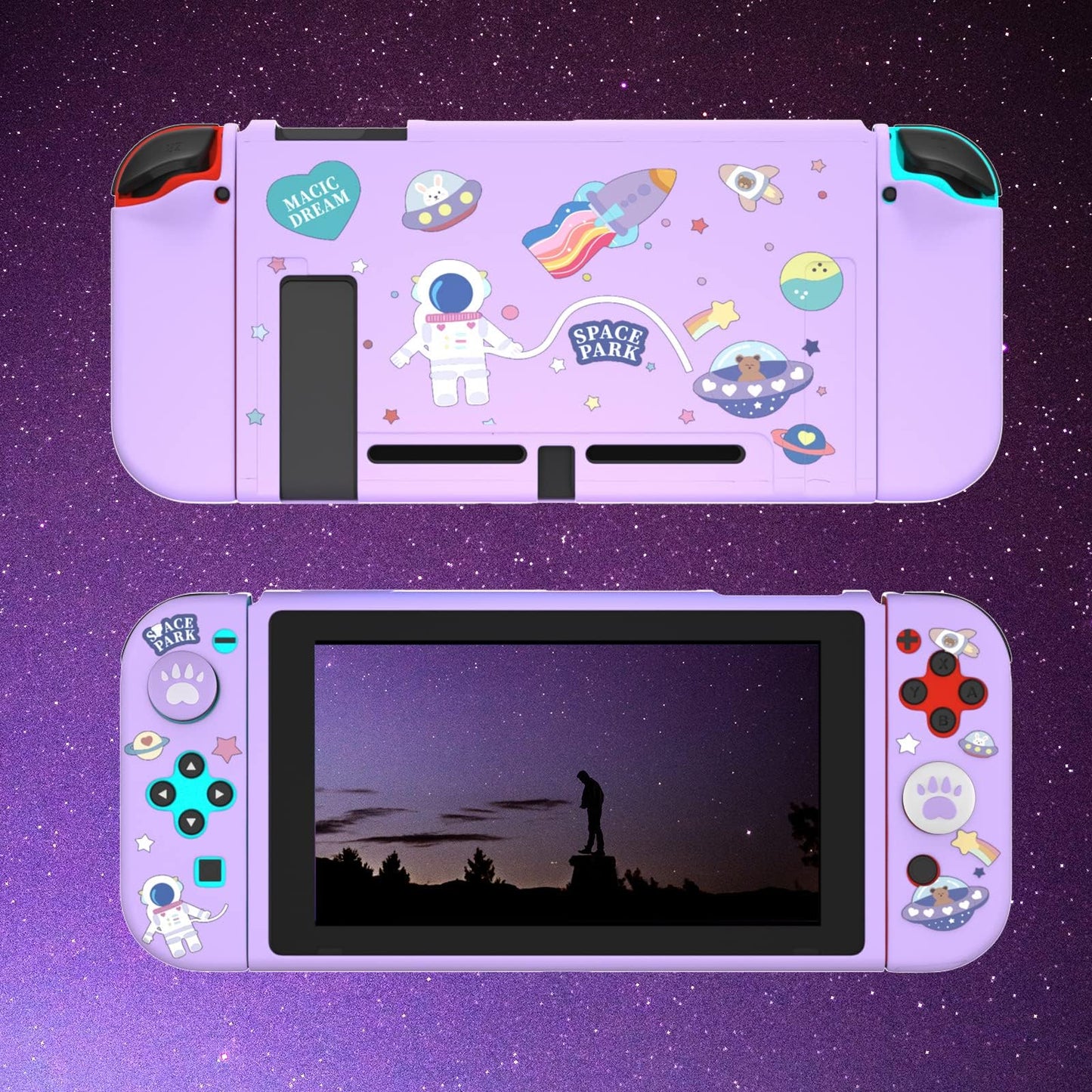 ECHZOVE Switch Case, Purple TPU Soft Shell with Cat Paw Grips & Tempered Glass Protector