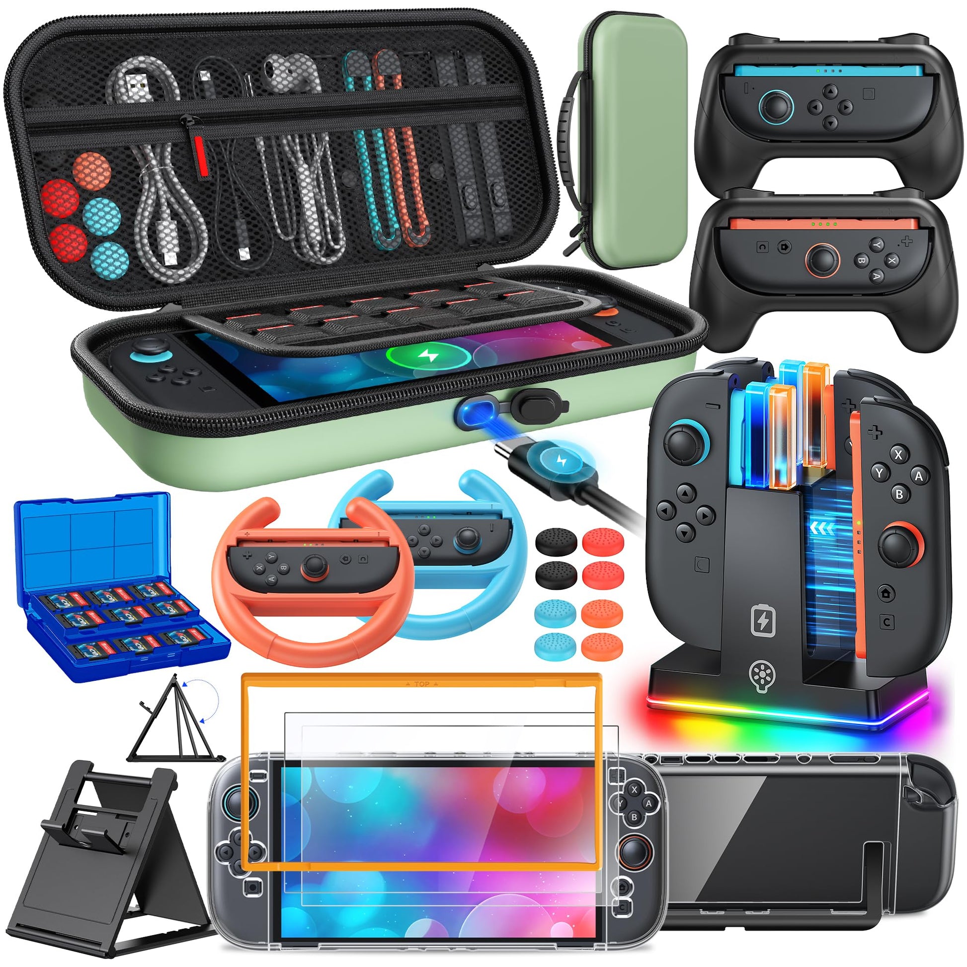 Switch 2 Accessories  [Charge Inside]Case Bundle for Nintendo Switch 2 2025 Console  FYOUNG 23 IN 1 Kit:Carrying Case Controller Charger Protective Shell Grip for Joycon  Steering Wheel(Green)