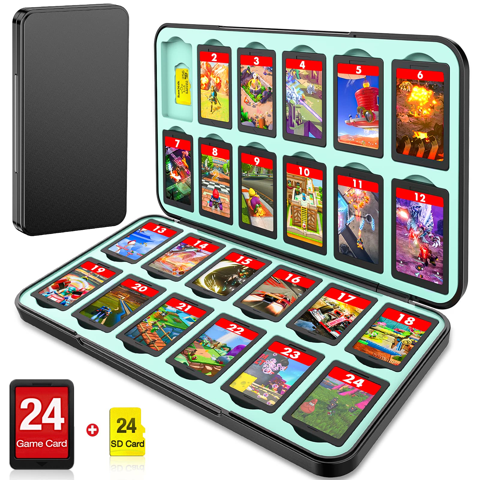 CYKOprotective gear Game Card Case Holder for Nitendo Switch/Switch 2(2025) - Hard Shell refill unit Case with 24 Game sections & 24 Micro SD Card sections  Portable Protective Organizer Tpartyler  Black/Blue