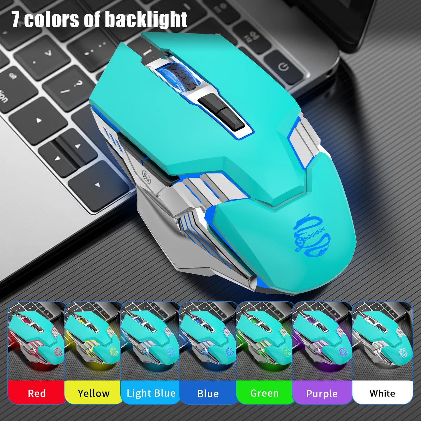 SHUNJINRUN Green Wireless Gaming Mouse - Bluetooth 3-Modes, RGB Backlit, Silent Click, Model SJR343 for Laptop, PC, MacBook, iPad
