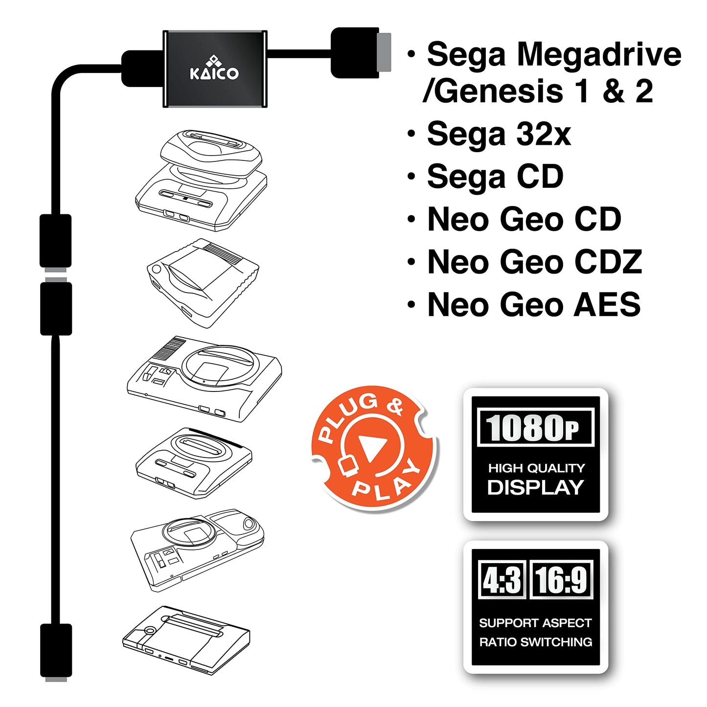 Kaico SEGA Genesis 1080p HDMI Adapter - Supports S Video, PAL & NTSC Consoles, Aspect Ratio Switch for 16:9 or 4:3