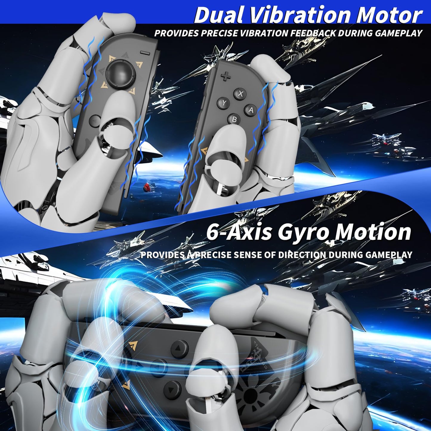 Hqeeun Switch Controller - Dual Vibration, Motion Control, Grey, Model HQ002-2FBA