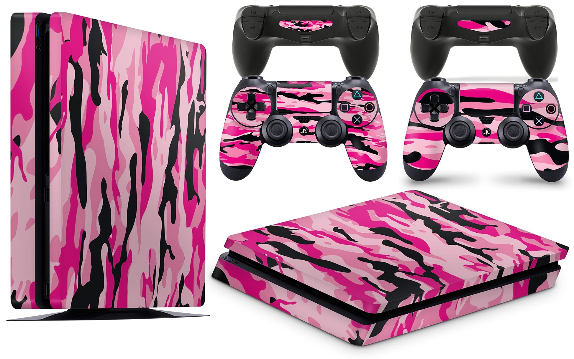 PS4 Slim Console Pink CAMO Skin Decal Vinal Sticker + 2 Controller Skins Set