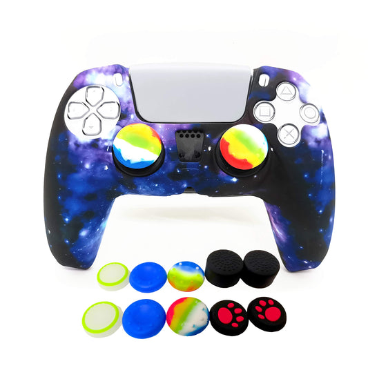 Asokex PS5 Controller Skin - Silicone Anti-Slip Grip Cover with 10 Thumb Caps, Blue Starry Sky, Model ps5-10cap-00011