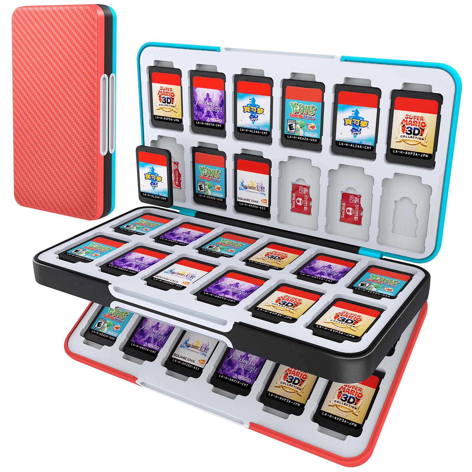 HEIYING Game Card Case for Nintendo Switch & Switch OLED Carbon Fibre Surface Processes Design Portable Tpartyl Carry Case with 48 Game Card sections and 24 Micro SD Cards sections