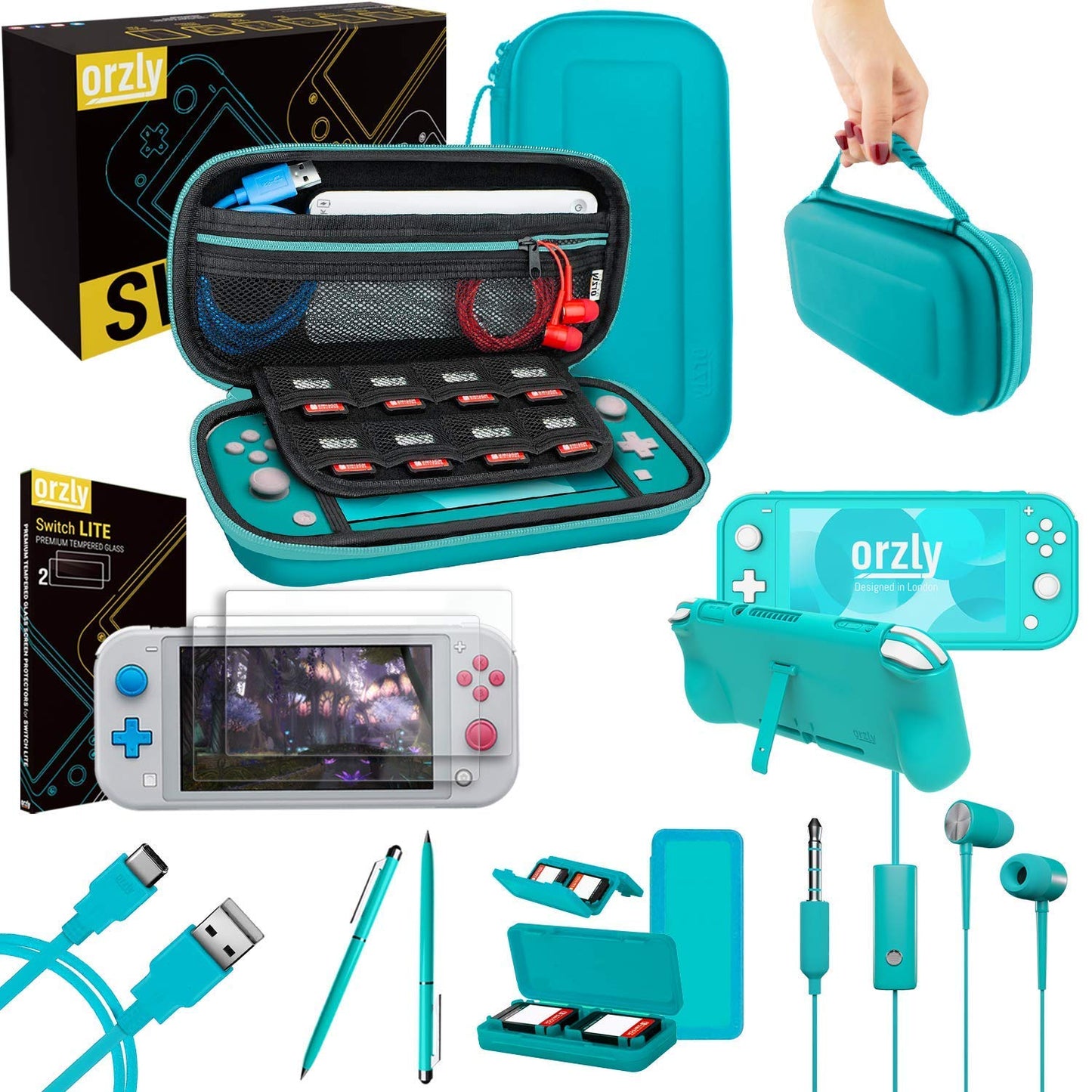 Orzly Switch Lite Accessories Bundle - Case, Screen Protector, USB Cable, Grip Case, Turquoise Blue