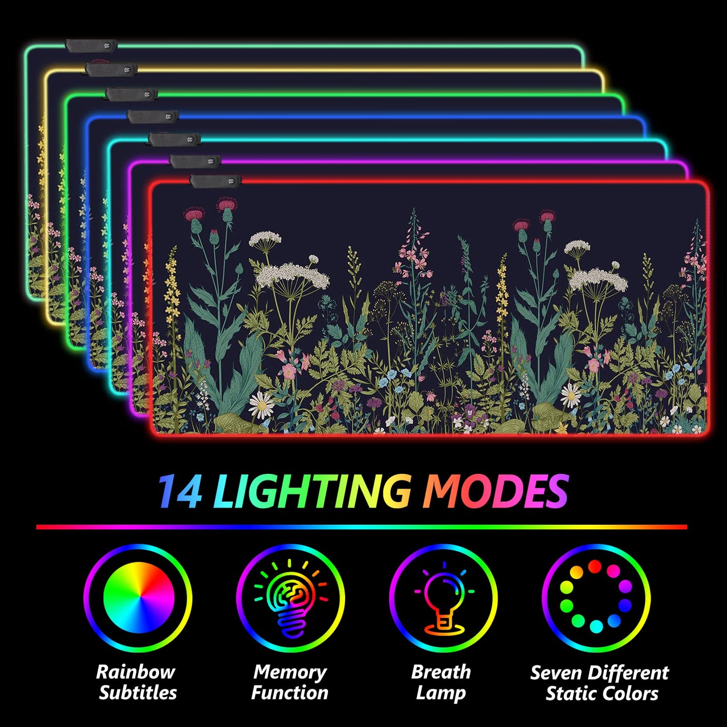 AIMSA RGB Gaming Mouse Pad - Large 35.4x15.8 inch Rubber Base with 14 Lighting Modes, Waterproof, Flowers Plants Design