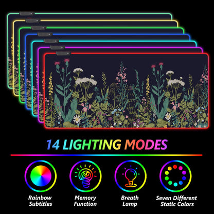 AIMSA RGB Gaming Mouse Pad - Large 35.4x15.8 inch Rubber Base with 14 Lighting Modes, Waterproof, Flowers Plants Design