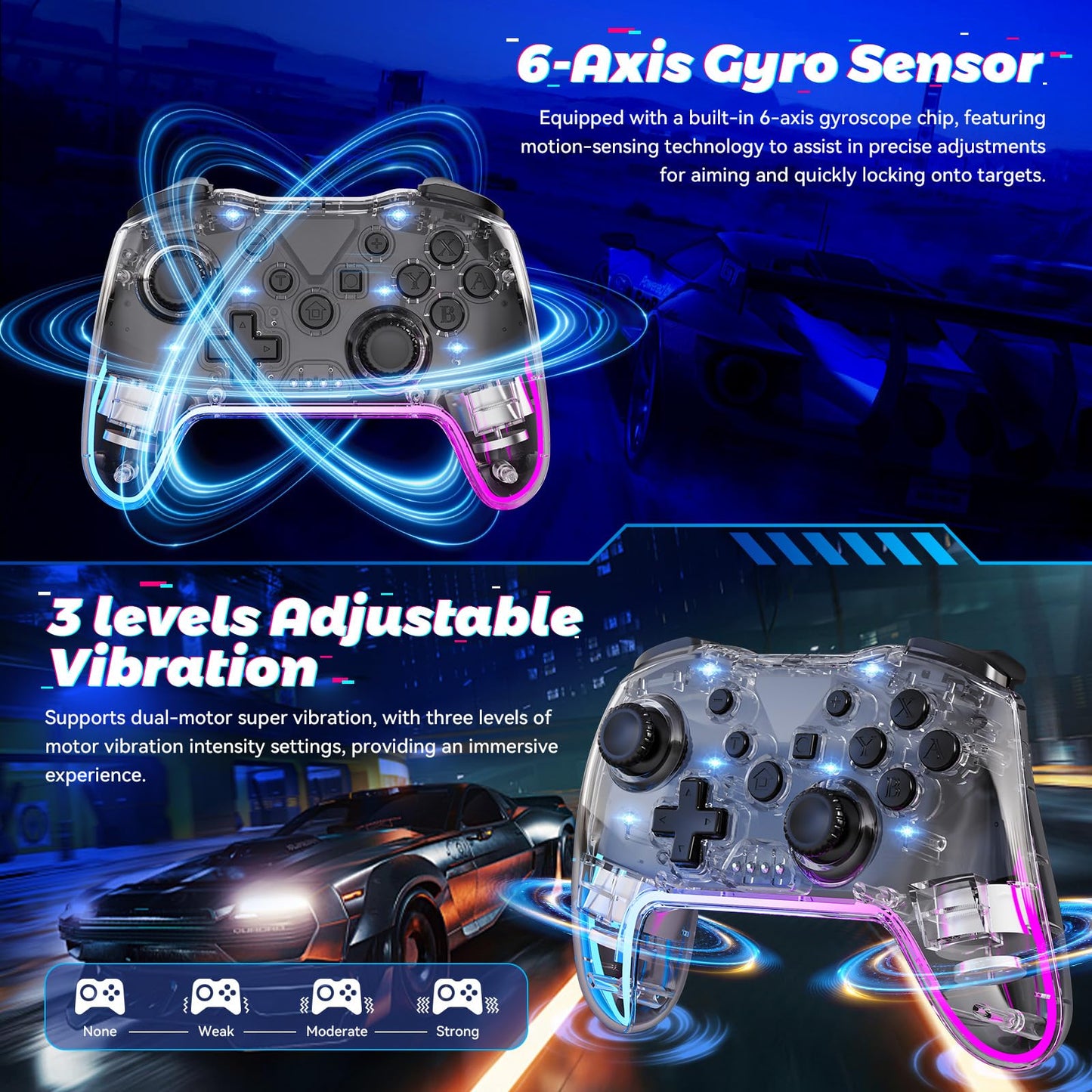 Twylyte Wireless Controller for Switch/Lite/OLED & PC - RGB Backlight, Turbo, Vibration - Transparent White, Model TLSWC-002