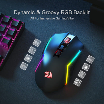 Redragon M693 Wireless Gaming Mouse - 8000 DPI, 3-Mode Connection, 7 Macro Buttons, Black, Standard Size for PC/Mac/Laptop