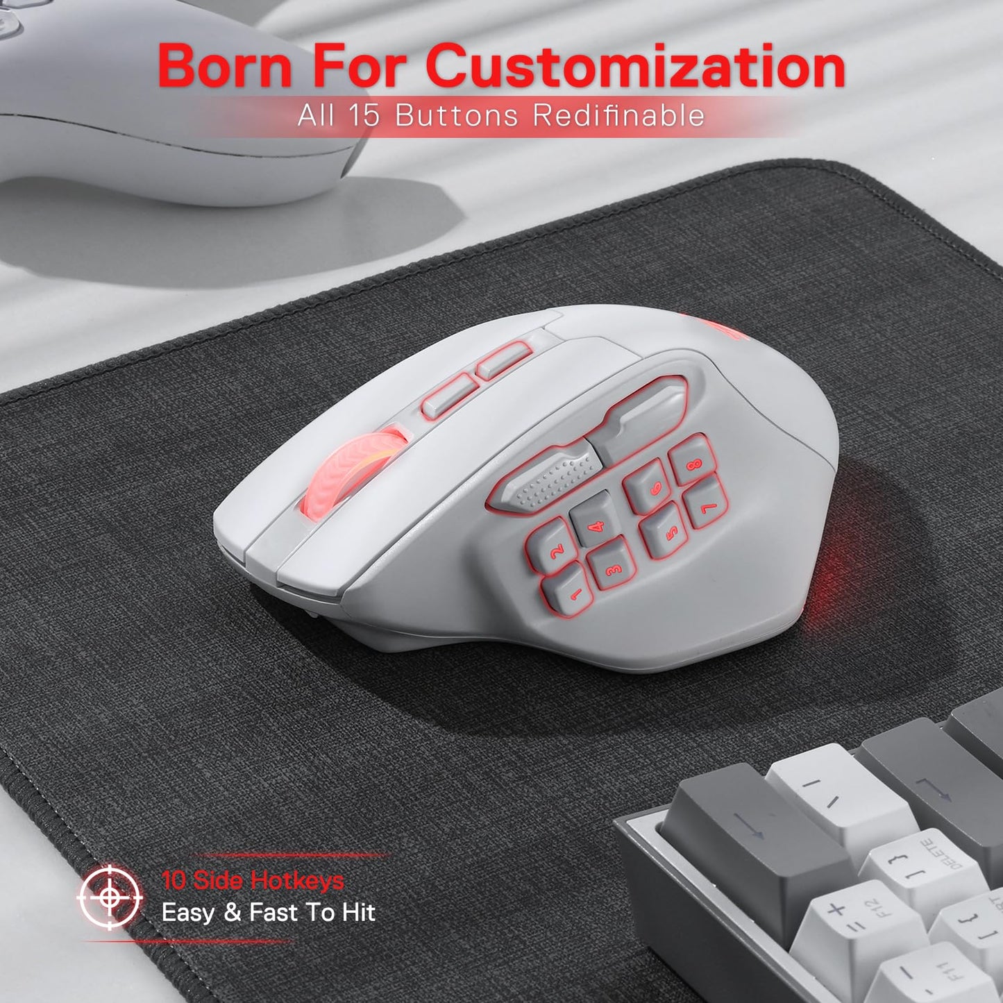Redragon M811 PRO Wireless MMO Gaming Mouse - 15 Programmable Buttons, RGB, Ergonomic Design, White, M811 Wireless Model