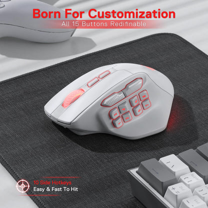 Redragon M811 PRO Wireless MMO Gaming Mouse - 15 Programmable Buttons, RGB, Ergonomic Design, White, M811 Wireless Model